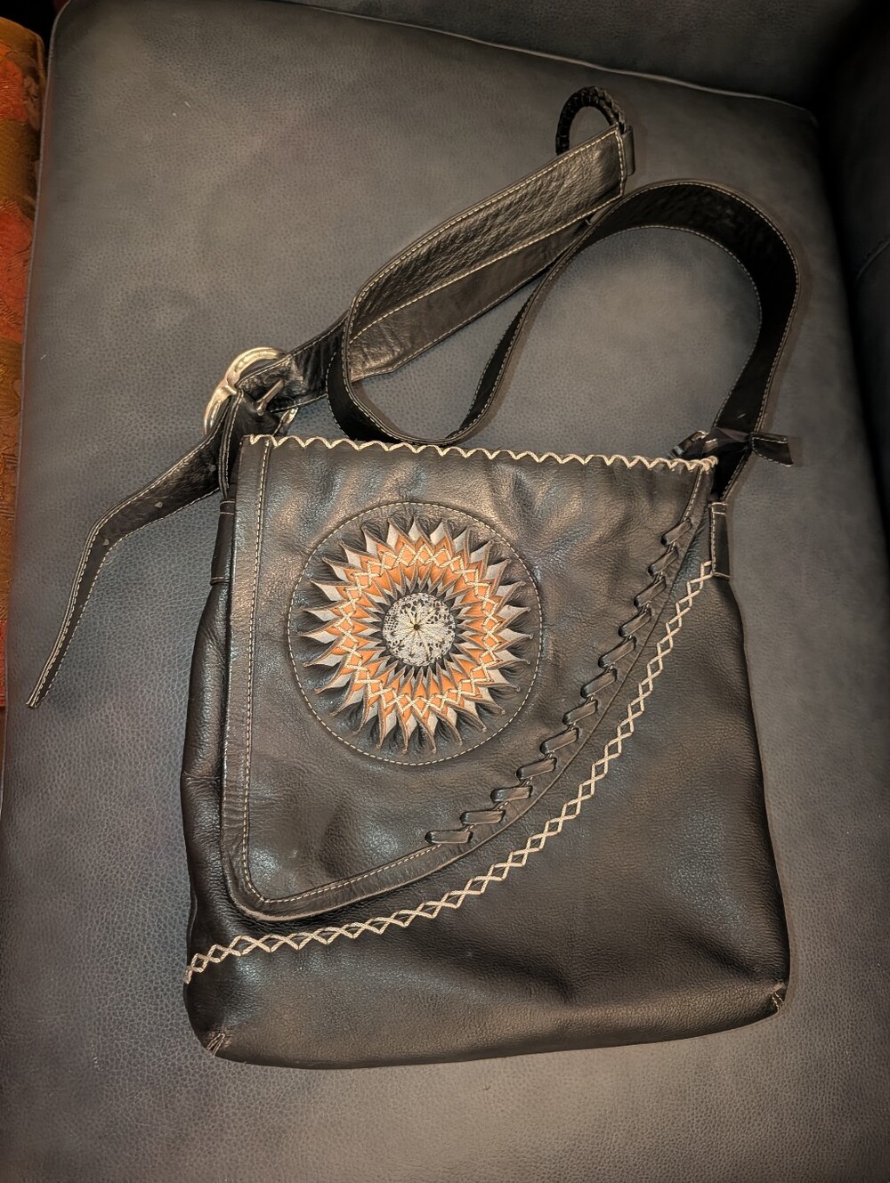 Leather Crossbody Bag with Sunburst Inlay - Black and Brown